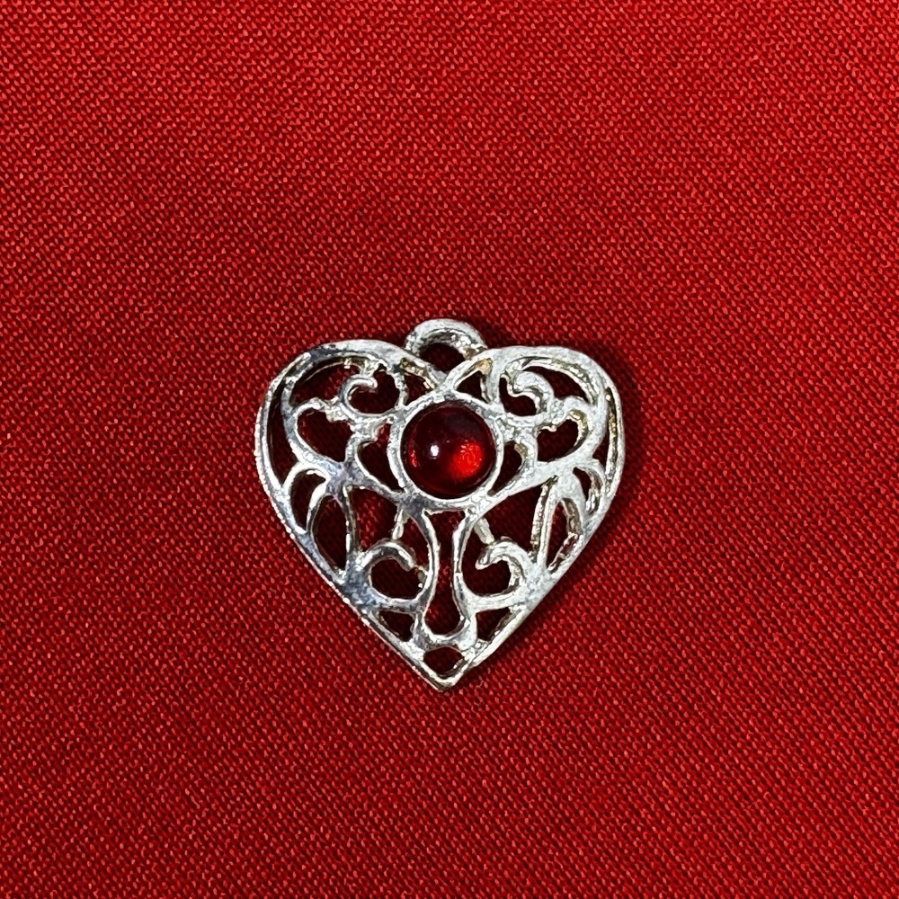 Silver Tone Filigree Heart‎ With Red Gemstone Charm Pendant
